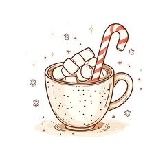 A cozy cup of hot chocolate topped with marshmallows and a candy cane.