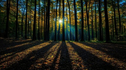 Fototapeta premium Moonlight shining through the forest canopy, creating dramatic shadows on the ground