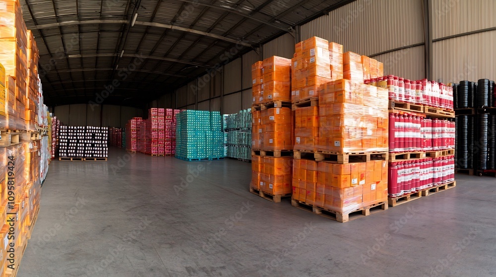 Aufkleber panoramic view of a large distribution warehouse interior with rows of stacked pallets boxes and pac