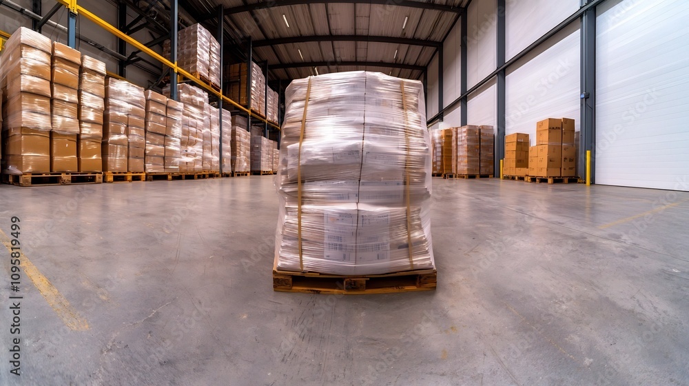 Aufkleber panoramic view of a large modern distribution warehouse interior with orderly rows of shelves stacke