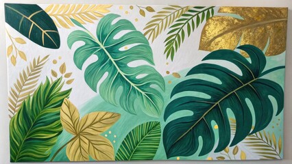 Vibrant tropical leaf mural with gold accents