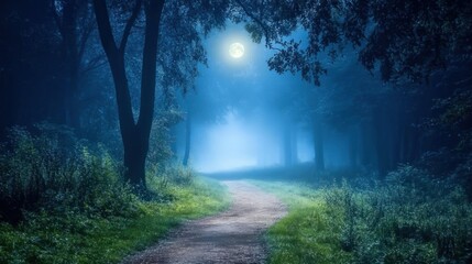 Obraz premium Moonlit forest path with soft fog and dappled light creating a magical night scene