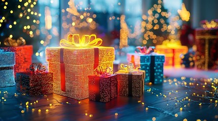 Virtual Gift Delivery Glowing Holographic Presents in a Futuristic Christmas Setup  Santa s magical holiday display with 3D digital presents and a techy high tech backdrop
