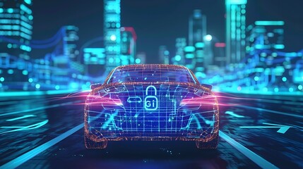 Digital rendering of a futuristic car driving on a smart city road at night.