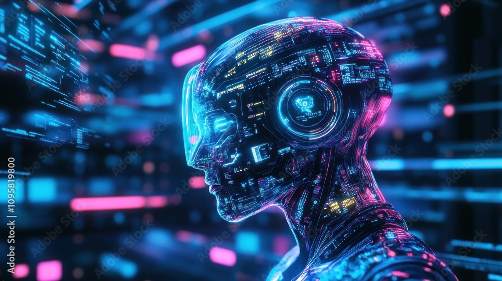 Poster futuristic robot head profile, glowing with digital data streams.