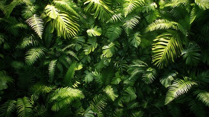 Fototapeta premium Lush green tropical foliage background with sunlit leaves.