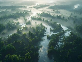 A serene morning landscape showcasing a winding river through lush green wetlands, enveloped in soft fog and gentle sunlight, creating a tranquil and ethereal atmosphere.