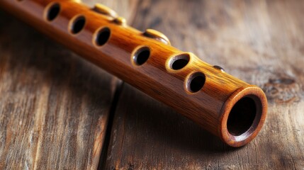 Fototapeta premium Close-up of a wooden flute on a rustic surface