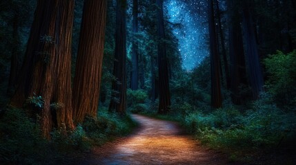 Fototapeta premium Mysterious forest path lit faintly by starlight, surrounded by tall, dark trees