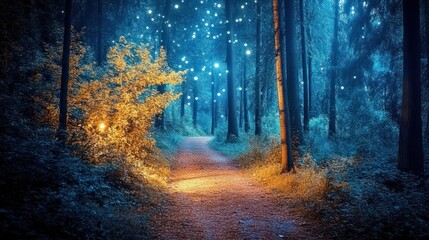 Obraz premium Mysterious forest path lit faintly by starlight, surrounded by tall, dark trees