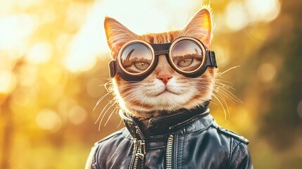 Whimsical of a curious cat wearing a pair of aviator goggles and a leather jacket set against a retro travel themed background with scenic landscapes and a vintage feel