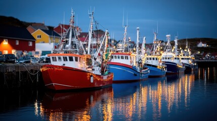 Colorful boats adorned with twinkling lights shimmer on calm waters, creating a dazzling festive display in the harbor.