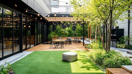 Spacious and serene outdoor workspace surrounded by lush greenery providing a natural and tranquil environment to enhance productivity focus and mental clarity for remote work