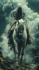 Naklejka premium A hooded figure rides a white horse through a dark and stormy sky.