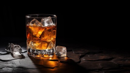 a refreshing cold cocktail in a glass with ice cubes  empty space on the right side  Ambient Light,generative ai illustration