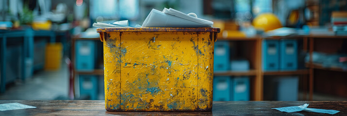 Vintage Yellow Metal Bin Filled with Papers in Industrial Office Setting