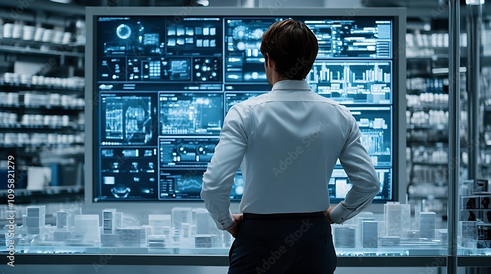 Poster a person analyzes data on a large digital display in a modern workspace.