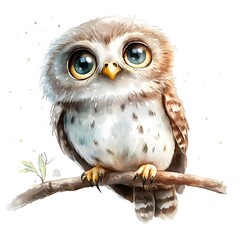 A cute, cartoon-style owl perched on a branch with big eyes and a fluffy appearance.