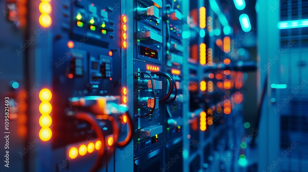 Aufkleber server racks with illuminated lights in a modern data center, showcasing advanced technology and dig