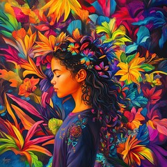 Naklejka premium A young woman with her eyes closed stands surrounded by brightly colored flowers.