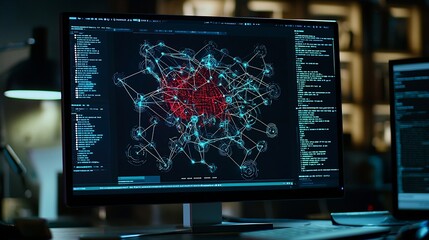 Visualizing the complex algorithm on a computer screen that identifies unauthorized access points and vulnerabilities within a digital network infrastructure to enhance cybersecurity monitoring and
