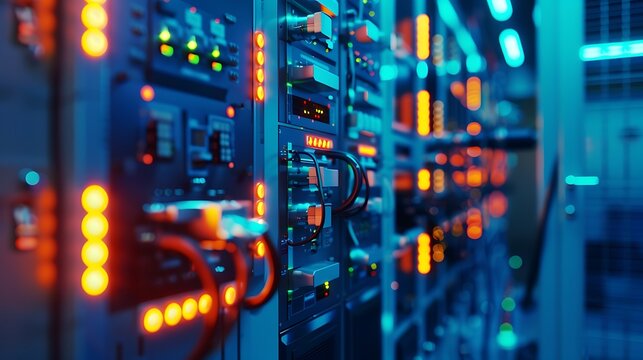 Server racks with illuminated lights in a modern data center, showcasing advanced technology and digital infrastructure.