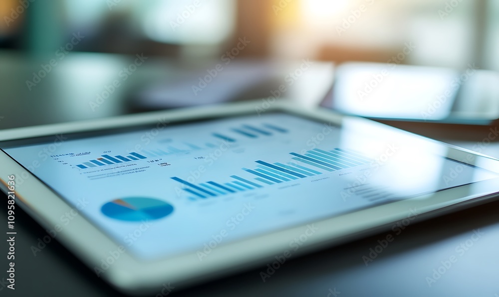 Poster a tablet displaying data charts and graphs on a desk, suggesting analysis and business insights.