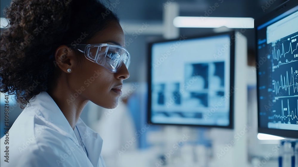 Poster woman scientist examining personalized health data and genetic profile on digital display for custom