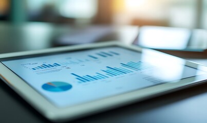 A tablet displaying data charts and graphs on a desk, suggesting analysis and business insights.