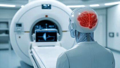Futuristic MRI machine with a humanoid robot in a lab setting.