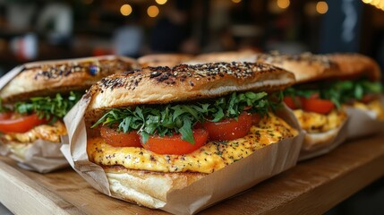 Takeaway breakfast sandwiches lined up, ready for a delicious morning as customers enjoy their meals in a cozy café atmosphere