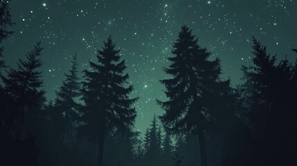 Silhouettes of tall pine trees against a glowing starry sky, creating a peaceful forest night background