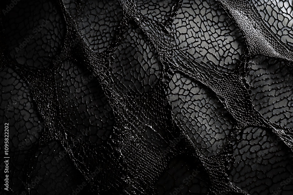 Poster close-up of black textured fabric with intricate pattern, draped and showing shadows.