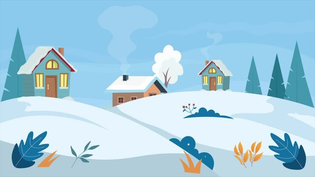 Beautiful winter landscape with house and trees country side and blue sky (animation, seamless loop)