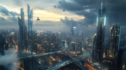 Fototapeta premium Futuristic cityscape at sunset with flying vehicles and dramatic clouds.