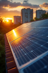 Sunset Solar Panels on Rooftop Photo