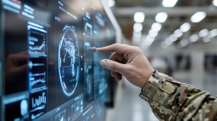 A soldier clad in futuristic armor interacts with a digital display, immersed in advanced technology in a bright, industrial space.