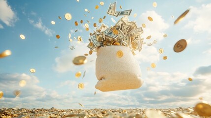 84.A bursting money bag with bills and gold coins scattering through the air, set against a wide-open sky with clouds. The visual represents the concept of wealth in motion and financial rewards
