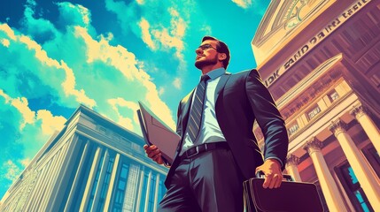 48.A businessman standing outside a bank, holding a briefcase and loan documents, symbolizing receiving funds for his company. In the background, the bankâ€™s logo and building reflect financial