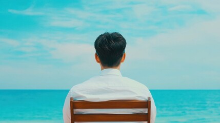 Fototapeta premium Contemplative man sitting on chair by ocean beach photography serene perspective