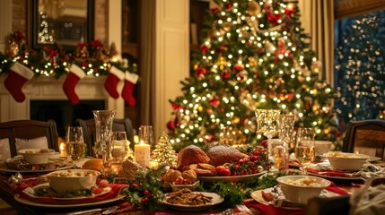 A festive Christmas dinner scene with a decorated table, holiday dishes, and a beautifully adorned tree in the background