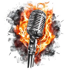 A vintage microphone surrounded by flames and smoke, symbolizing passion for music.