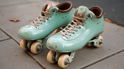 A charming pair of vintage mint-green roller skates rests on a sidewalk, capturing nostalgia and the timeless fun of outdoor adventures.
