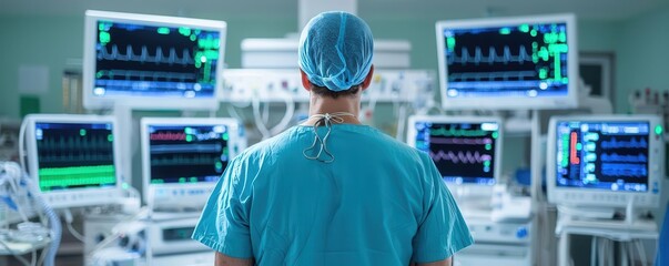 High-tech operating room with anesthesiologist overseeing patient sedation, multiple monitors displaying vital signs