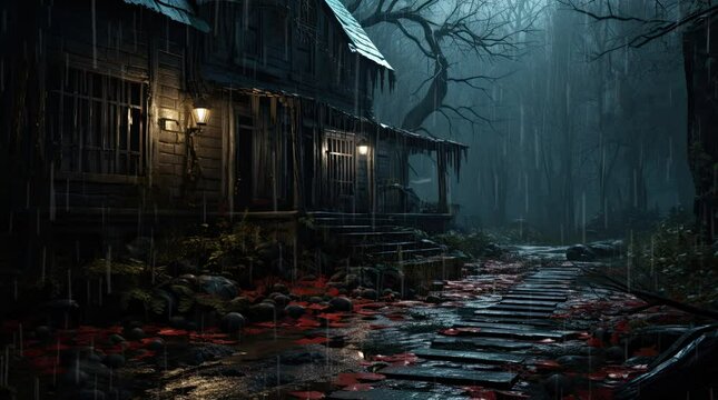 A view of a house in the middle of a forest, with rain falling at night. 4k animated video