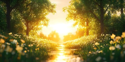 Obraz premium A serene landscape capturing a golden sunrise through a lush green field filled with blooming flowers, creating a peaceful and invigorating atmosphere.