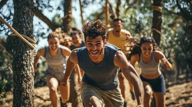 A group participating in outdoor challenges like an obstacle course - Powered by Adobe