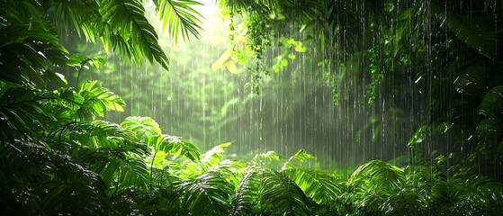 A lush rainforest scene with vibrant green foliage illuminated by soft, diffused light, as rain gently falls, creating a serene and tranquil atmosphere.