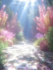 Obraz premium A vibrant underwater scene featuring colorful coral reefs with pink and green plants. Sunlight filters through the water, creating a serene and dreamy atmosphere.
