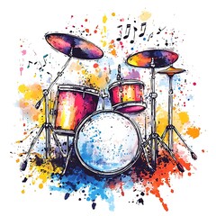 A colorful watercolor illustration of a drum set with musical notes.